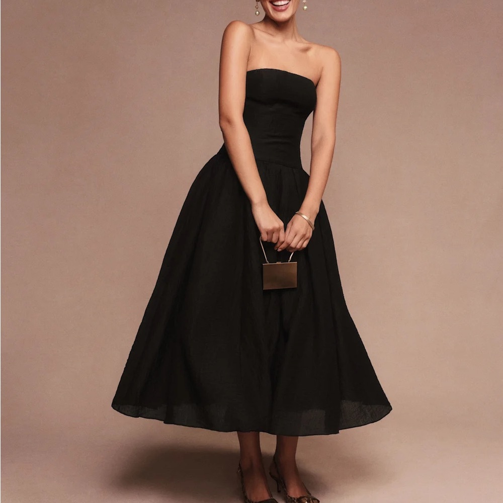Reformation Black Strapless Midi Dress | Size 0 | NWOT | Wedding guest dress